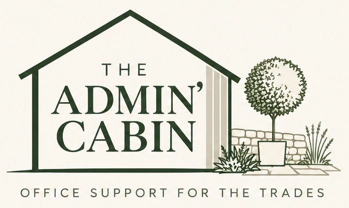 The Admin' Cabin logo with a cabin, topiary tree and stone wall